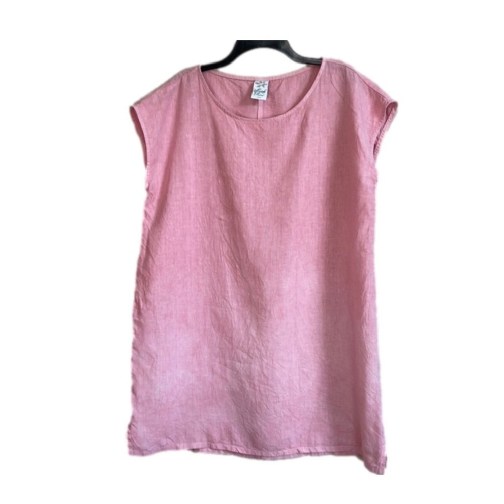 MATCH POINT USA Medium Linen Pink Short Sleeve Shift Dress Lagenlook Lightweight